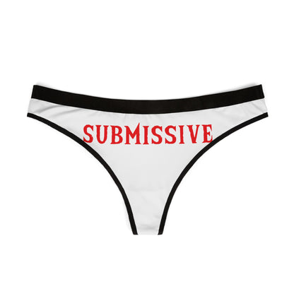 Elegant women's thong showcasing 'SUBMISSIVE' in striking red letters, perfect for playful intimacy and special gift-giving moments.