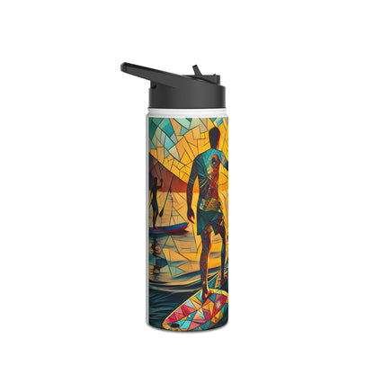 Elegant Fantasy Paddleboarding Stainless Steel Water Bottle displaying a detailed mosaic design of a muscular paddleboarder, emphasising craftsmanship and adventure.