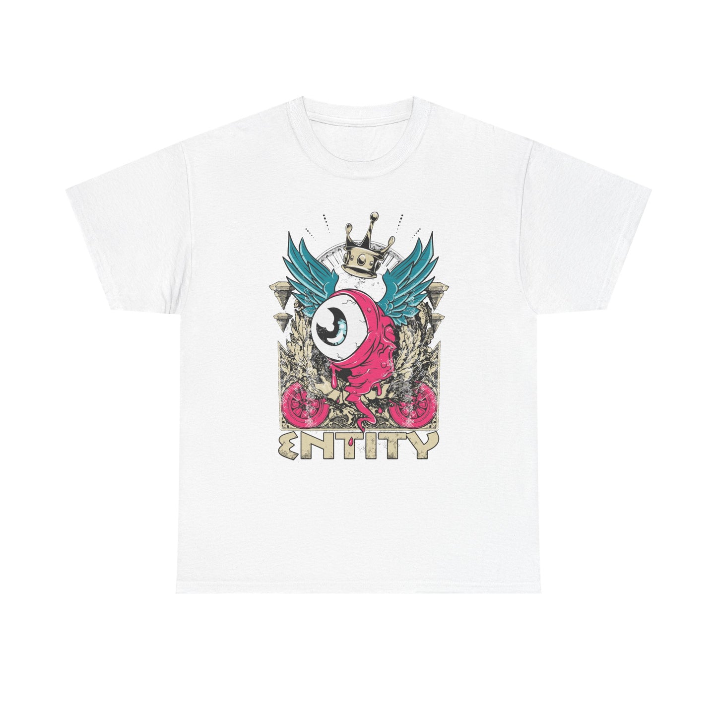 Luxurious graphic men's t-shirt featuring a striking grotesque eye design adorned with majestic teal wings and a golden crown, embodying vintage streetwear aesthetics for those seeking a bold statement piece.