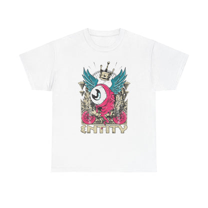 Luxurious graphic men's t-shirt featuring a striking grotesque eye design adorned with majestic teal wings and a golden crown, embodying vintage streetwear aesthetics for those seeking a bold statement piece.