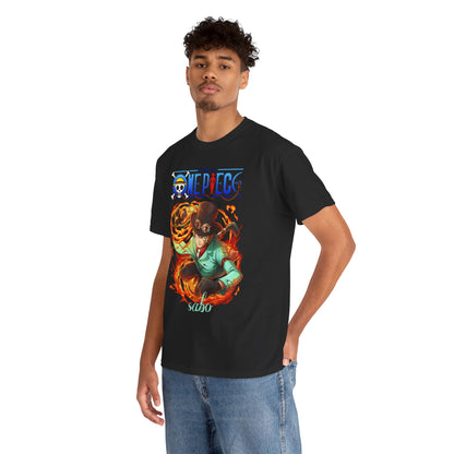 Stylish male model wearing a luxurious black t-shirt with a striking Sabo design from One Piece, capturing the spirit of adventure and elegance.