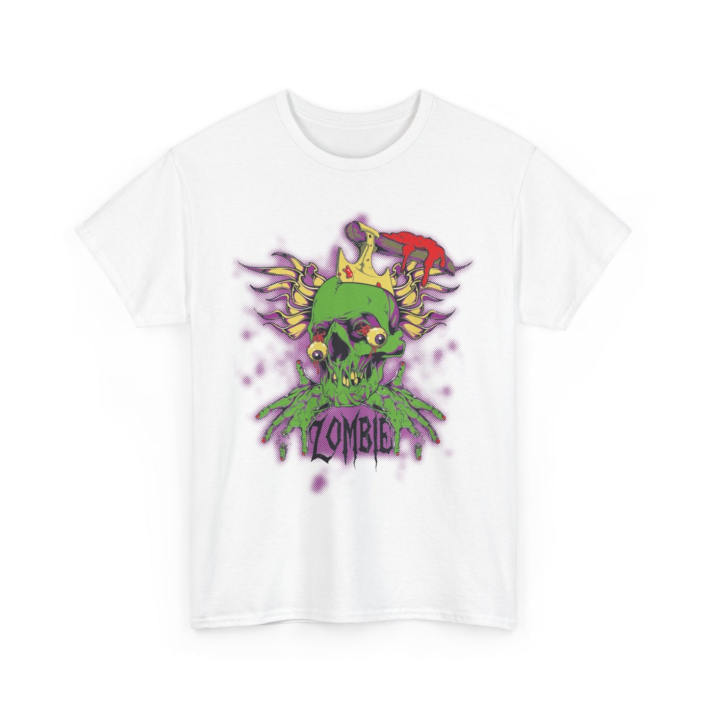 Vibrant men's t-shirt showcasing a cartoonish zombie skull design adorned with a crown and axe, set against a lush purple and green backdrop, embodying a unique artistic flair.