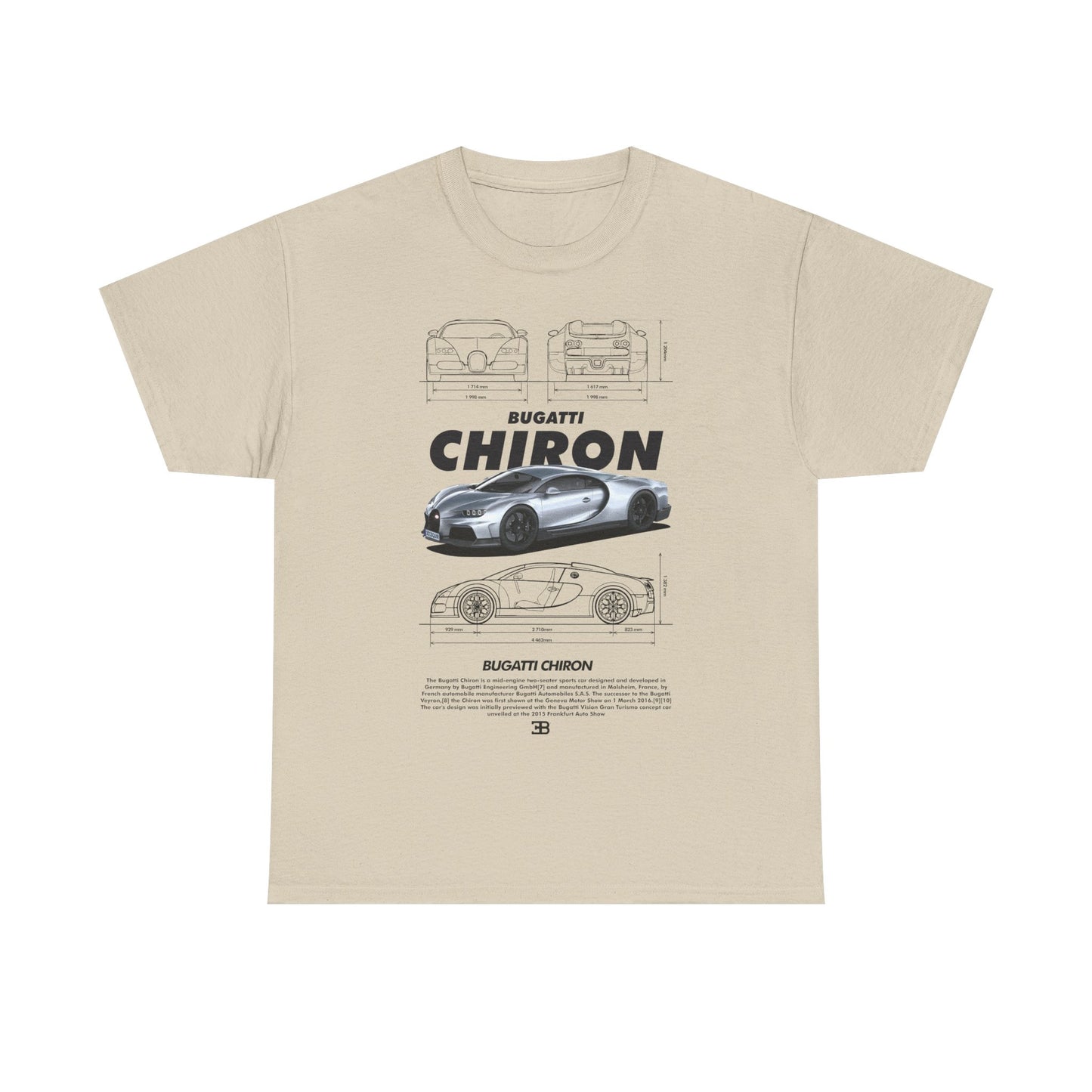 Chic beige men's t-shirt adorned with a sophisticated illustration of the Bugatti Chiron, including detailed technical sketches and striking branding, epitomising luxury fashion.