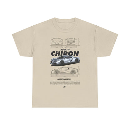 Chic beige men's t-shirt adorned with a sophisticated illustration of the Bugatti Chiron, including detailed technical sketches and striking branding, epitomising luxury fashion.