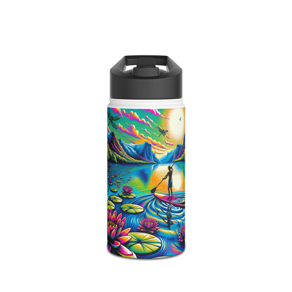 Luxury Fantasy Paddleboarding Stainless Steel Water Bottle featuring vibrant artwork of a paddleboarder amidst stunning mountains and lily pads, perfect for stylish hydration adventures.