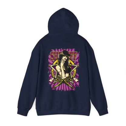 Elegant navy blue Empowered Sheriff hoodie featuring a captivating back graphic of a fierce woman styled as a sheriff surrounded by golden emblems, merging sophistication with rebellious flair.