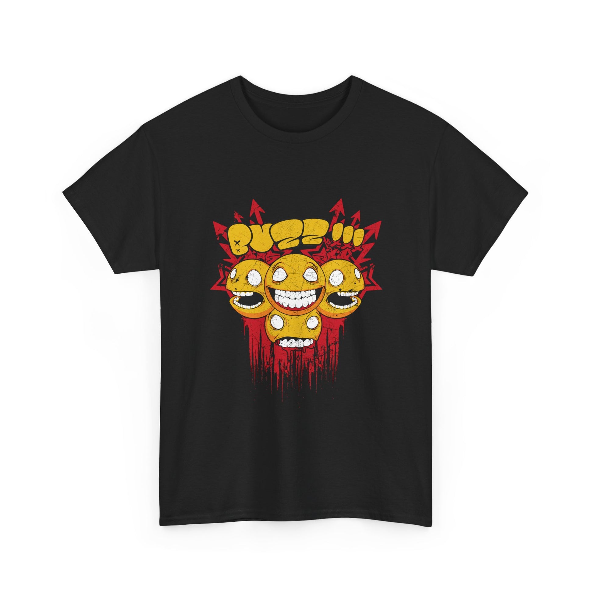 Vibrant black men's t-shirt featuring a striking graphic of exuberant smiley faces, blended with edgy street art elements.