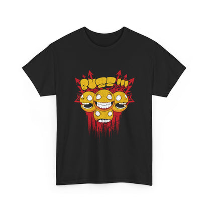 Vibrant black men's t-shirt featuring a striking graphic of exuberant smiley faces, blended with edgy street art elements.