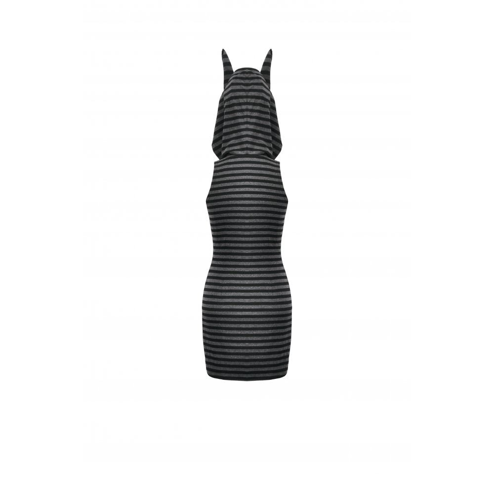 Full view of the Dark In Love Cat Ear Hoodie Dress styled with chunky boots, exuding a rebellious charm in gothic streetwear.