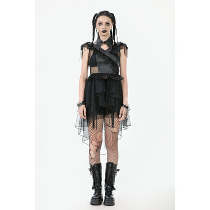 Model wearing the Dark in Love Gothic Tiered Mesh Ruffle Dress, highlighting the layered high-low skirt and romantic movement, ideal for festivals.