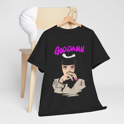 Sophisticated black T-shirt resting on a wooden chair, paired with a chic white cap, showcasing the 'GODDAMN' graphic and a compelling character design that highlights the fusion of contemporary style and pop culture.
