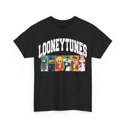 Luxurious Looney Tunes Graphic T-Shirt in black featuring iconic cartoon characters in vibrant panels, perfect for sophisticated fashion enthusiasts.