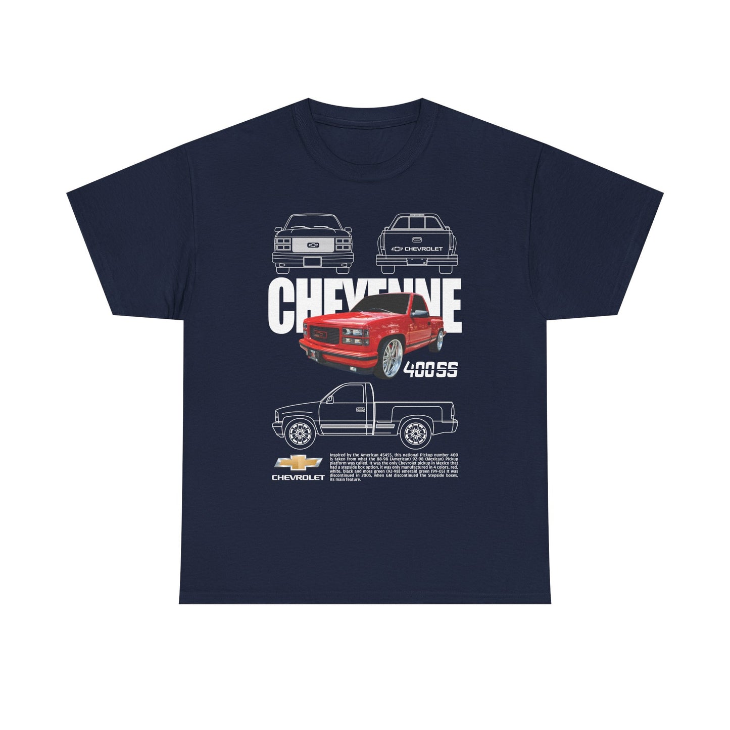 Chic navy Chevrolet Cheyenne men's t-shirt showcasing a daring graphic of the 400SS pickup truck, enhanced by artistic line drawings and powerful typography, celebrating the legacy of American craftsmanship.