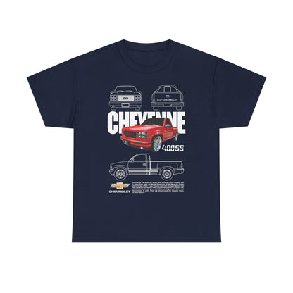 Chic navy Chevrolet Cheyenne men's t-shirt showcasing a daring graphic of the 400SS pickup truck, enhanced by artistic line drawings and powerful typography, celebrating the legacy of American craftsmanship.