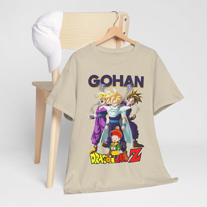 Stylish Gohan Ascends T-Shirt displayed on a wooden chair with cap, highlighting exquisite anime-inspired design.