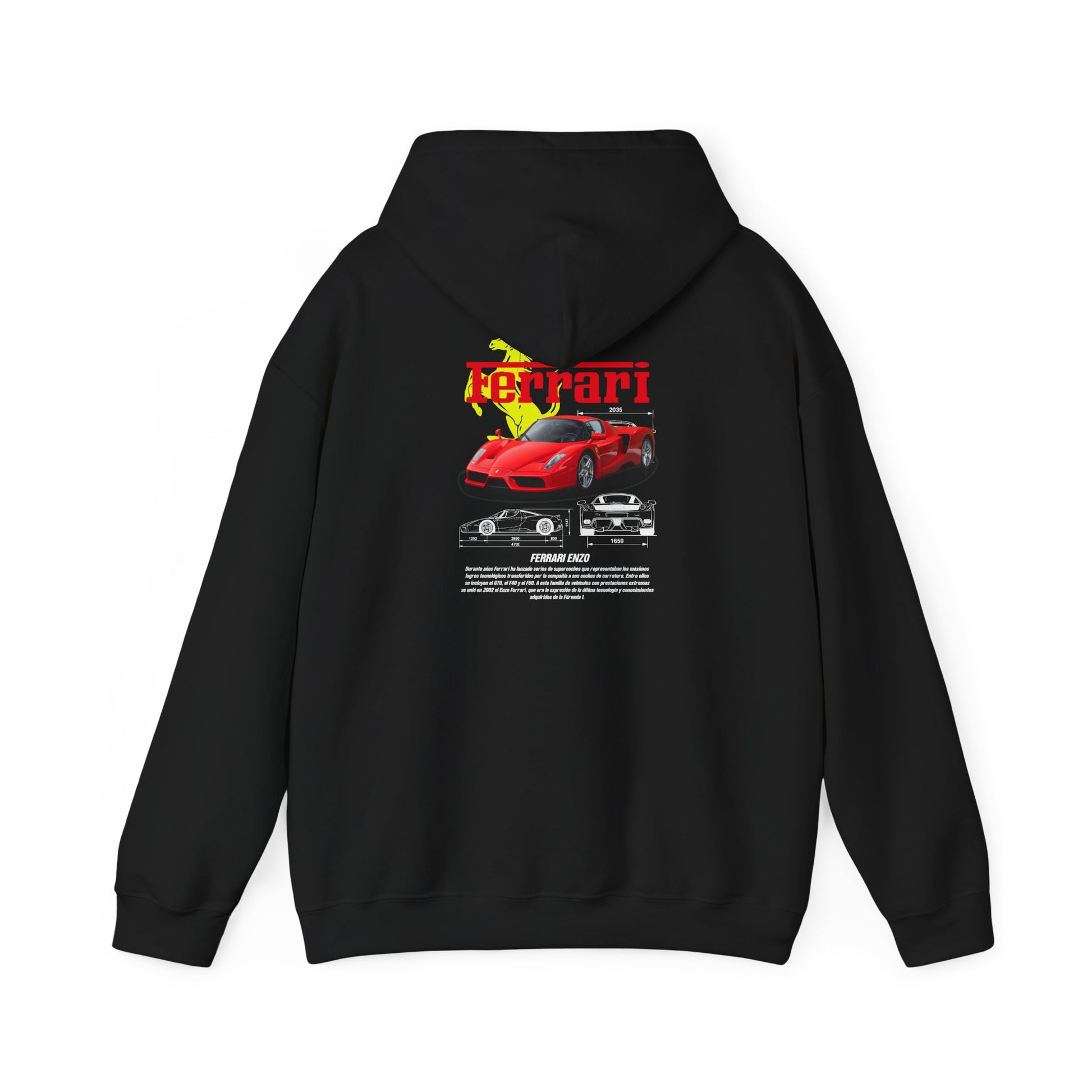 Sleek black hoodie adorned with a vibrant Ferrari Enzo graphic on the back, blending sophistication with automotive flair.