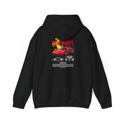 Sleek black hoodie adorned with a vibrant Ferrari Enzo graphic on the back, blending sophistication with automotive flair.