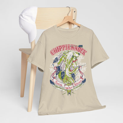 Stylish Native American heritage t-shirt draped elegantly over a chair, adorned with a distinct wolf headdress design, exuding cultural heritage.
