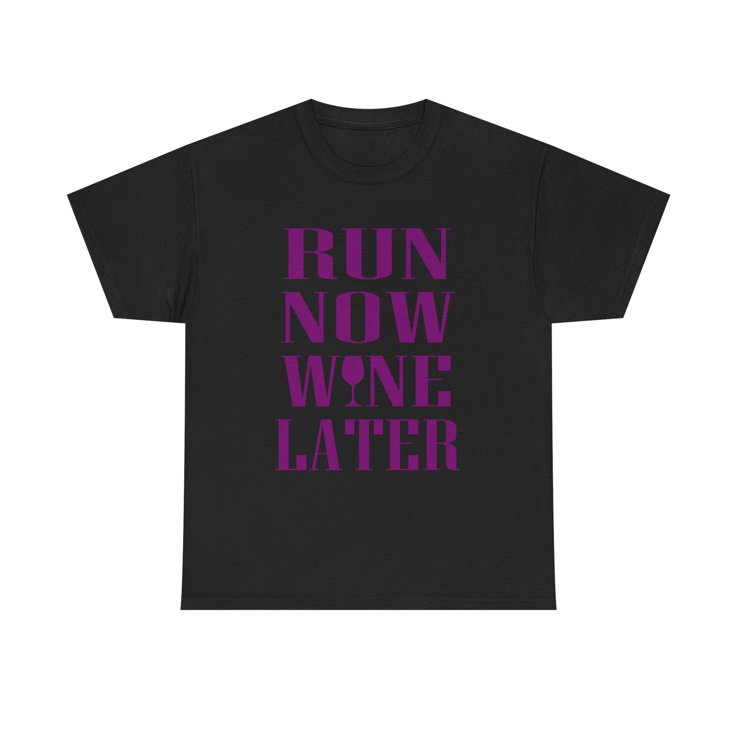 Sophisticated black women's t-shirt showcasing striking purple text that states 'RUN NOW WINE LATER', perfect for blending motivation with a touch of elegance in fitness wear.