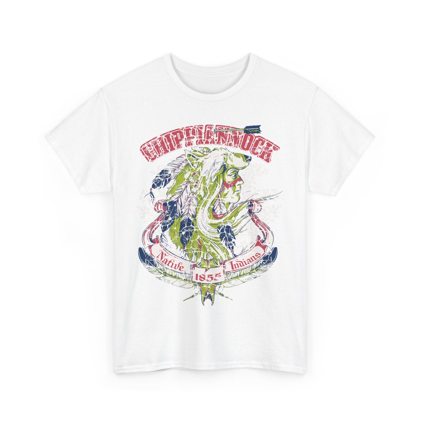 Stunning white Native American Heritage graphic t-shirt prominently displaying a colourful wolf headdress design, combining artistic flair with a homage to indigenous heritage.