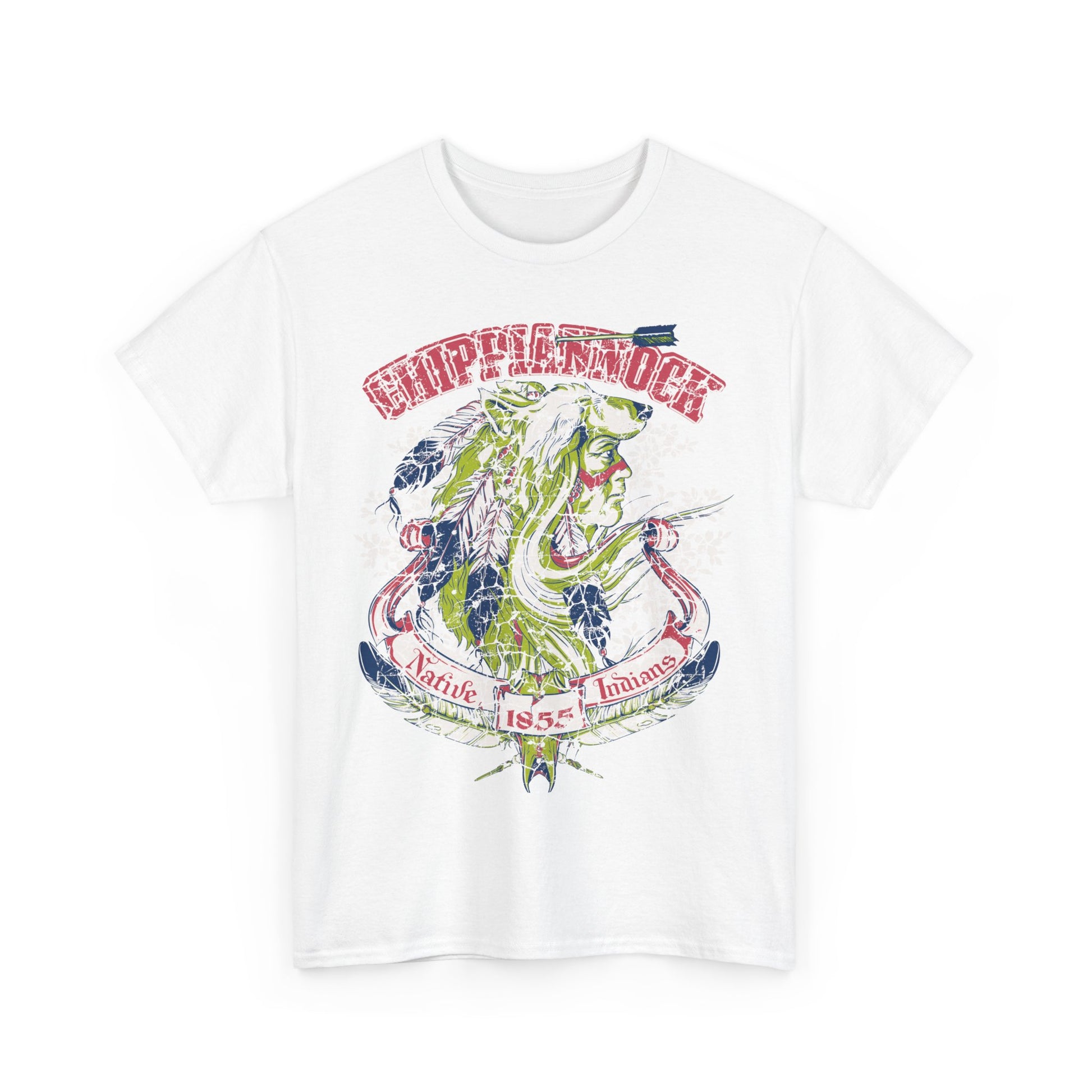 Stunning white Native American Heritage graphic t-shirt prominently displaying a colourful wolf headdress design, combining artistic flair with a homage to indigenous heritage.