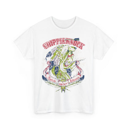 Stunning white Native American Heritage graphic t-shirt prominently displaying a colourful wolf headdress design, combining artistic flair with a homage to indigenous heritage.