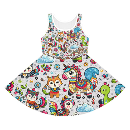Sophie Glitterpatch Toddler Sundress from Dazzling Dreams Studio featuring vibrant cartoon animals design, perfect for elegant children's wear.