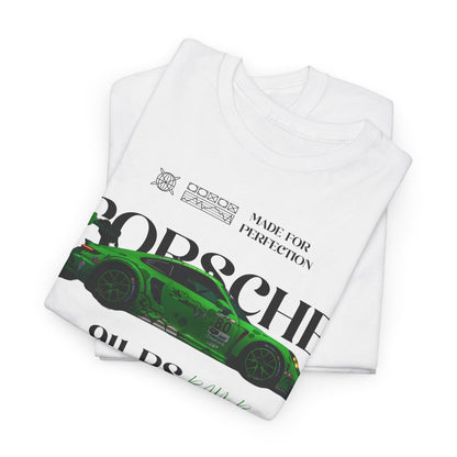 Elegant folded white t-shirt displaying the bold Porsche 911 RS graphic in green, highlighting the superior craftsmanship and racing spirit.