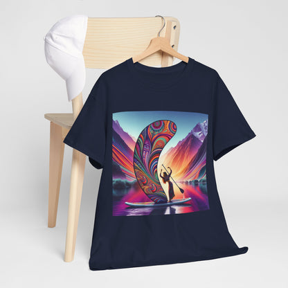 Luxury Paddleboard Adventure T-Shirt hanging on a wooden chair with a cap, elegantly showcasing its vibrant graphic design and relaxed fit ideal for outdoor activities.