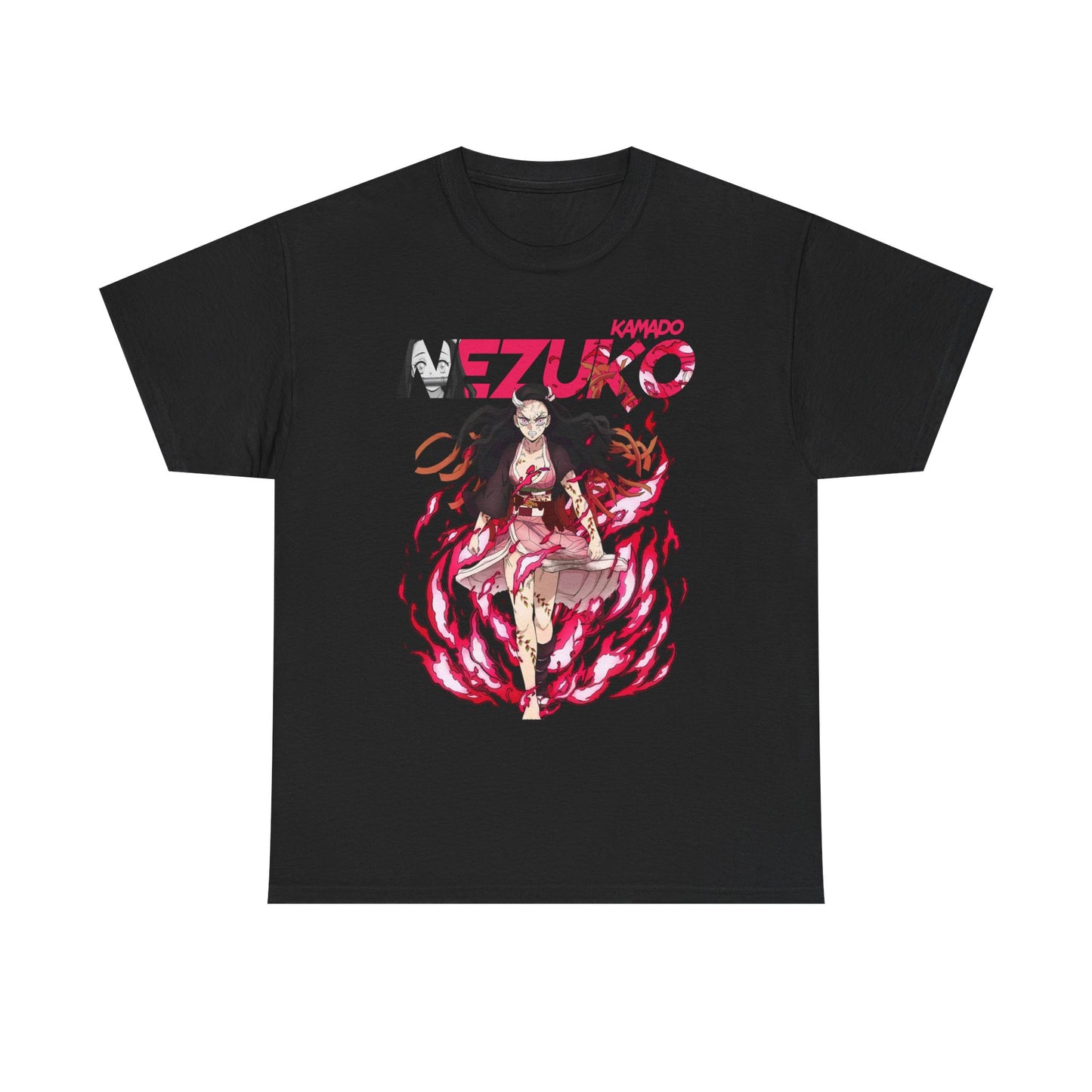 Refined black T-shirt highlighted by an eye-catching Nezuko Kamado illustration, embodying dynamic movement and anime flair for discerning fans.