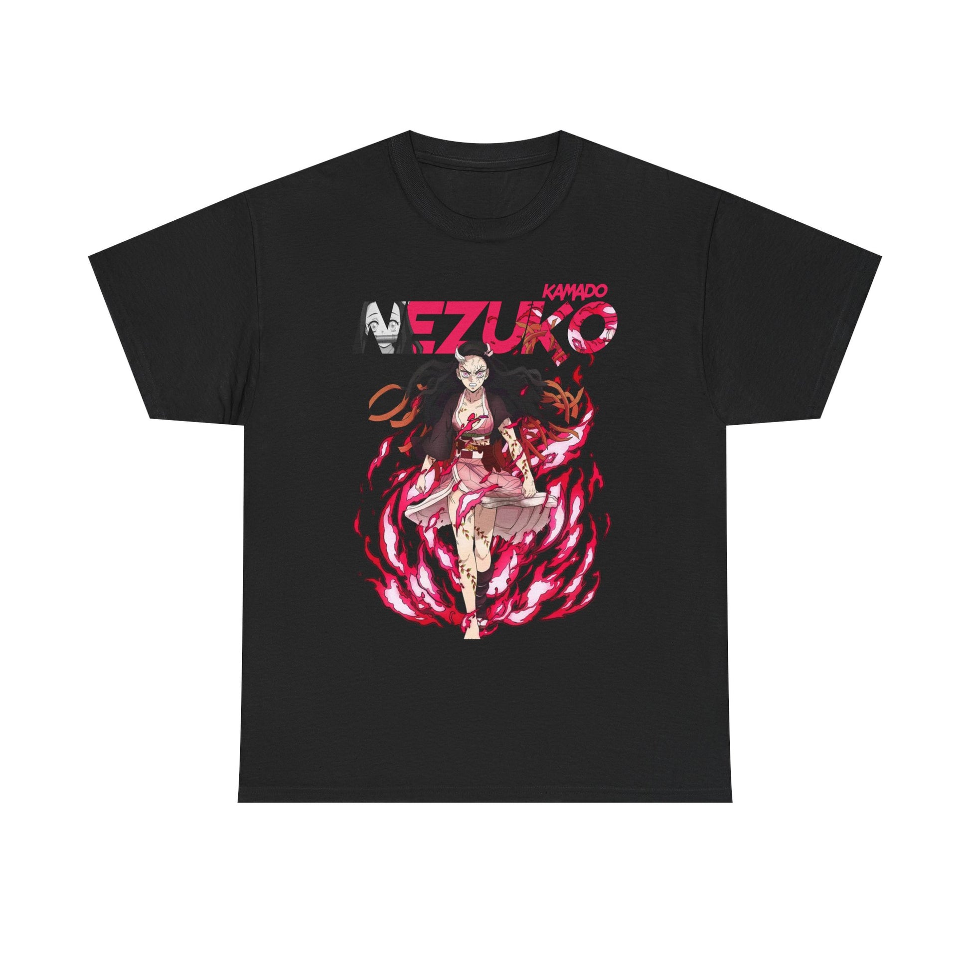 Refined black T-shirt highlighted by an eye-catching Nezuko Kamado illustration, embodying dynamic movement and anime flair for discerning fans.