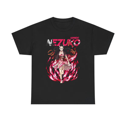Refined black T-shirt highlighted by an eye-catching Nezuko Kamado illustration, embodying dynamic movement and anime flair for discerning fans.