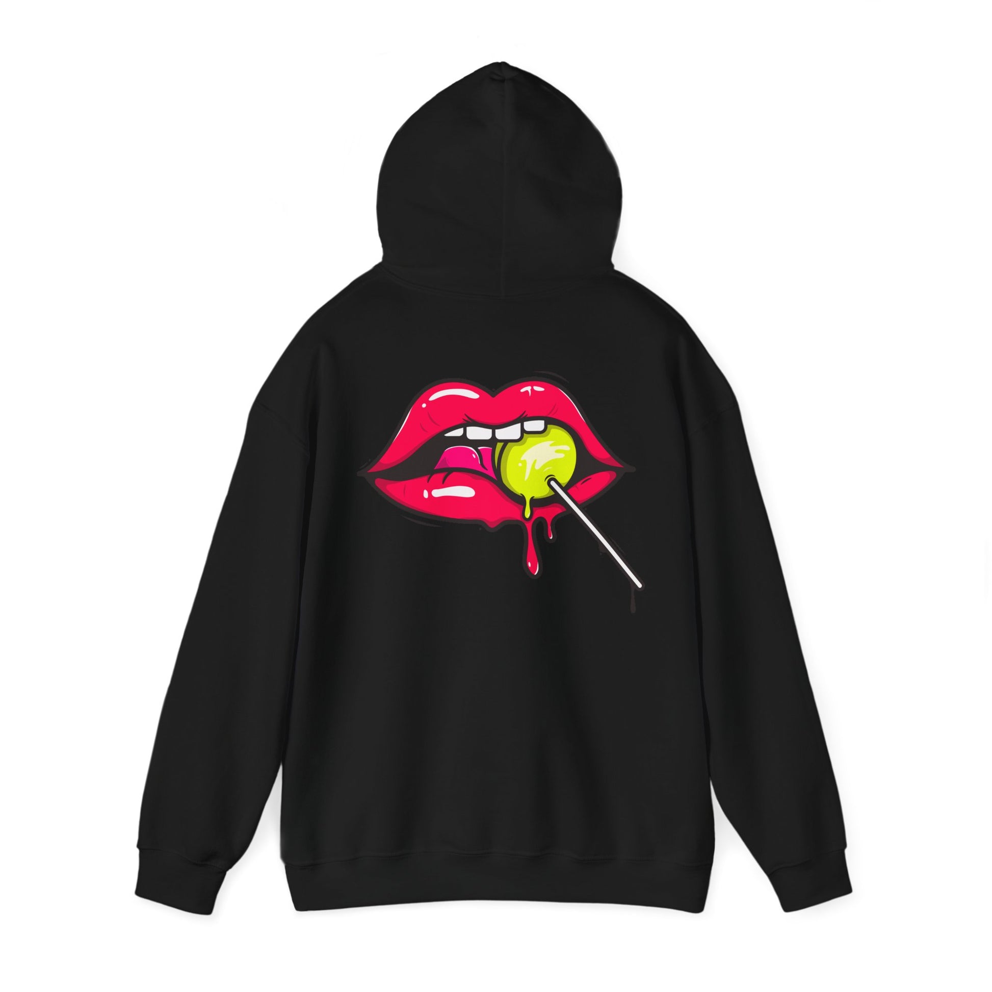 Luxurious black hoodie featuring a striking graphic of red lips holding a lollipop, a perfect blend of fun and elegance for contemporary fashion.