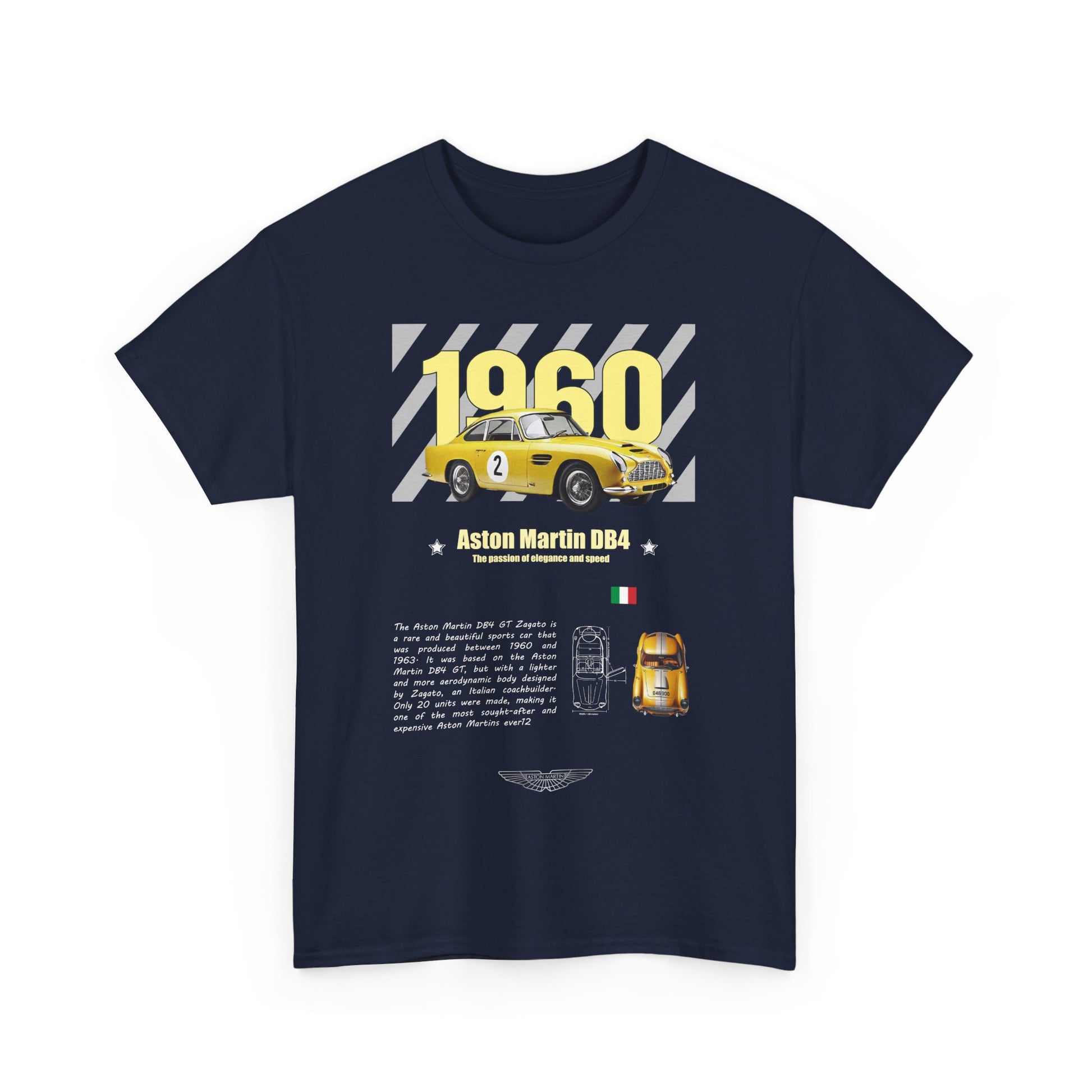 Front view of a stylish navy t-shirt featuring a vibrant graphic of the 1960 Aston Martin DB4, celebrating elegance and speed.