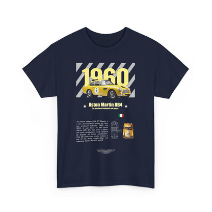 Front view of a stylish navy t-shirt featuring a vibrant graphic of the 1960 Aston Martin DB4, celebrating elegance and speed.