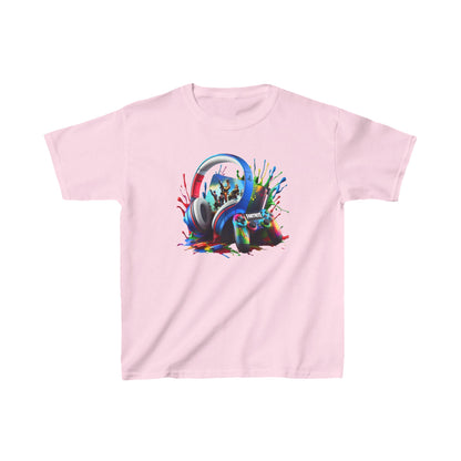 Unisex Children's Gaming Graphic Cotton Tee in pink, adorned with a vibrant graphic of gaming headphones and a controller, elegantly designed for young adventurers in a soft cotton fabric.