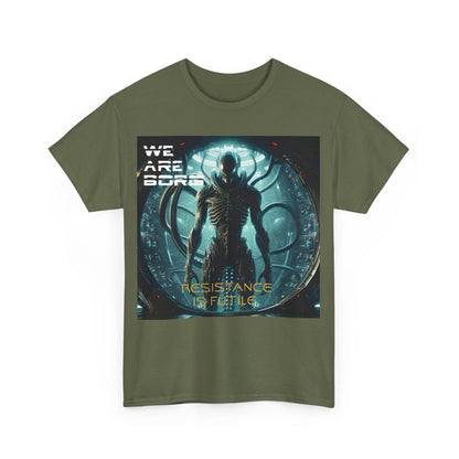 Olive green Borg Assimilated Xenomorph Graphic T-Shirt displaying a captivating alien illustration, perfect for fashion aficionados who appreciate sophisticated style.