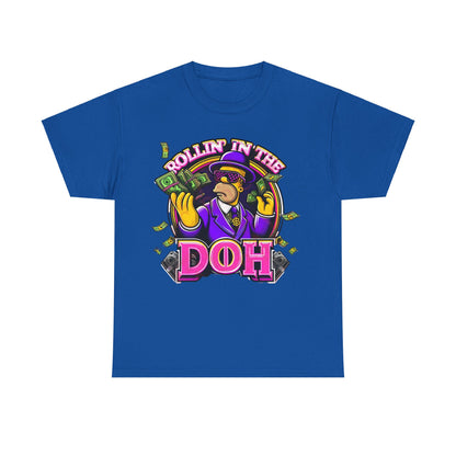 Homer Simpson Graphic Unisex T-Shirt in royal blue, elegantly displaying the 'Rollin' in the DOH' graphic, a stylish choice for fans of animated art.
