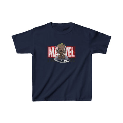 Unisex Kids Groot Movie Cotton T-Shirt Tee featuring a playful Groot graphic printed on a navy background, ideal for young fans of the Marvel Universe.