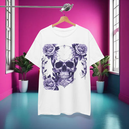 Front view of the Skulls and Roses Cotton Tee featured in a vibrant interior setting, highlighting the striking graphic of skulls and roses.
