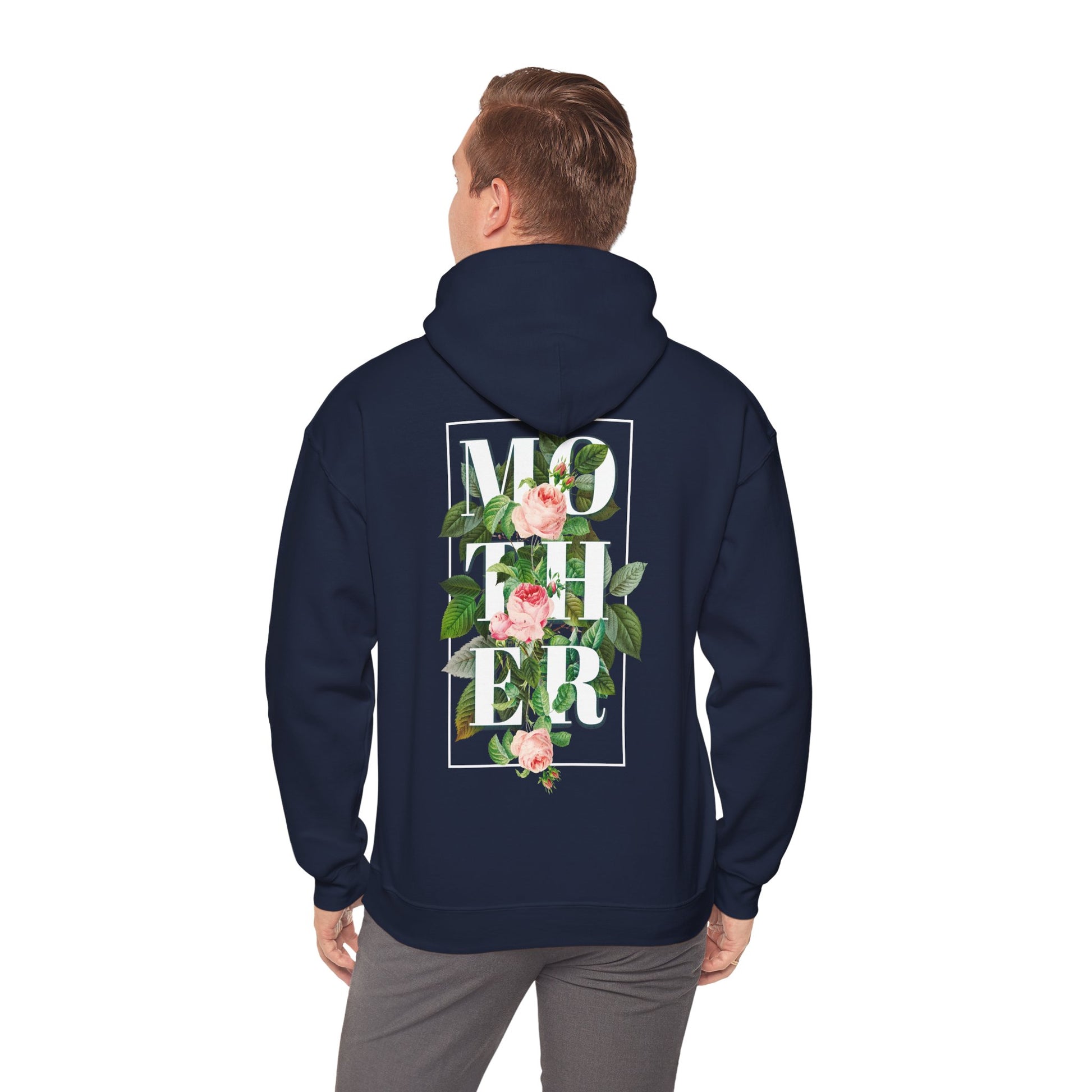 Elegant floral back print hoodie showcasing a bold 'MOTHER' design, featuring vibrant roses and lush green leaves against a rich navy background, perfect for celebrating motherhood with style.