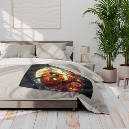 Elegant Decorative and Warm Halloween Spooky Arctic Fleece Blanket displayed on a chic bed, showcasing a stunning Day of the Dead skull against a moonlit backdrop.