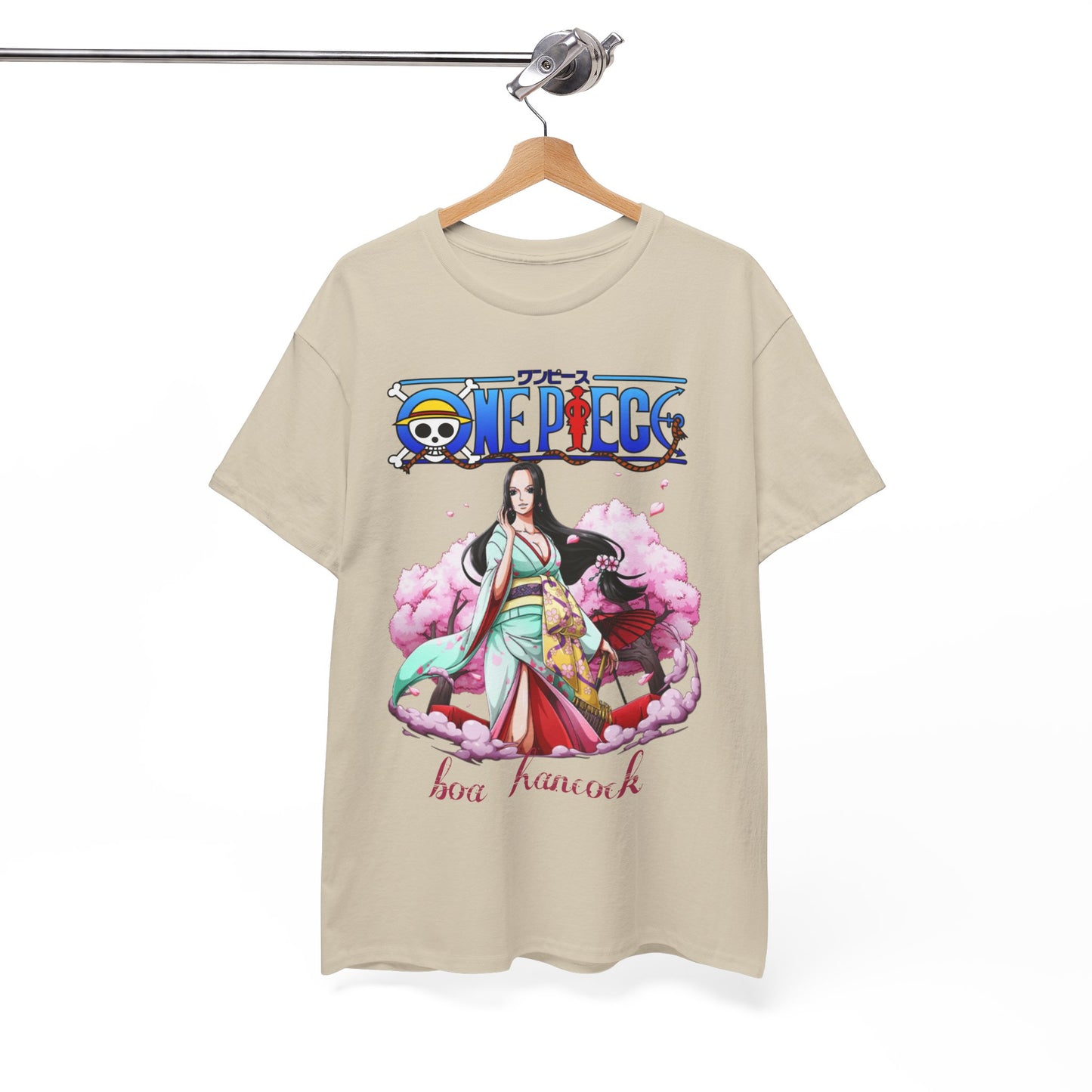 Chic beige t-shirt adorned with an intricate illustration of Boa Hancock from One Piece, highlighted by delicate cherry blossoms, ideal for luxury anime fashion.