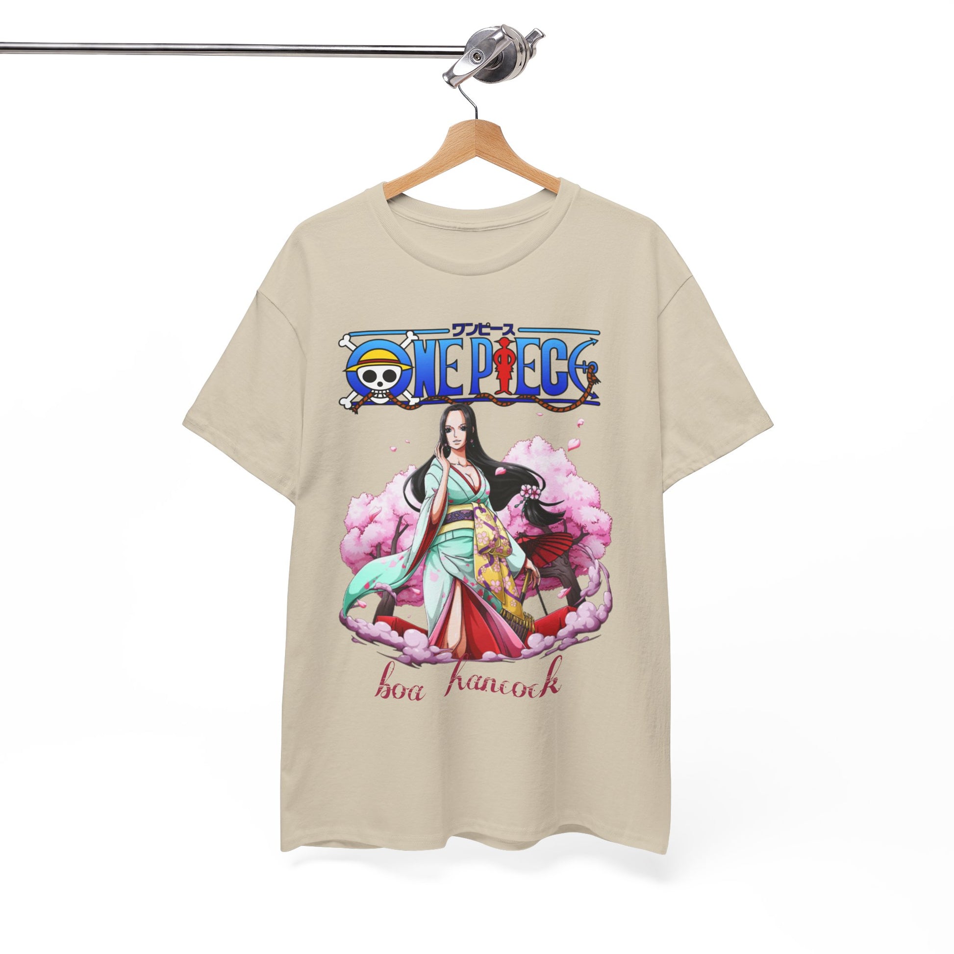 Chic beige t-shirt adorned with an intricate illustration of Boa Hancock from One Piece, highlighted by delicate cherry blossoms, ideal for luxury anime fashion.