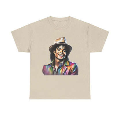 Michael Jackson Portrait Graphic Unisex T-Shirt in sand – Luxurious Art Tee Celebrating The King Of Pop displaying an elegant digital portrait of Michael Jackson highlighting his charismatic expression and artistic attire.