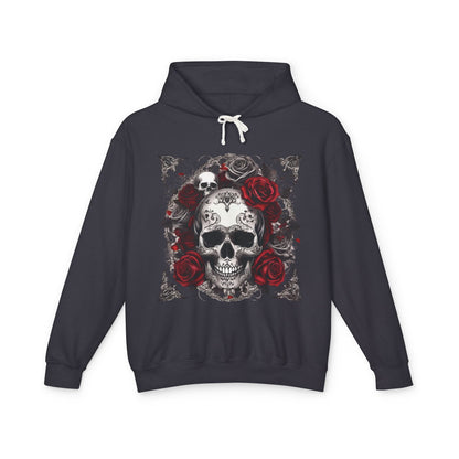 Unisex Lightweight Hooded Sweatshirt featuring a unique designer skull and roses artwork, perfect for luxurious style and edgy fashion.