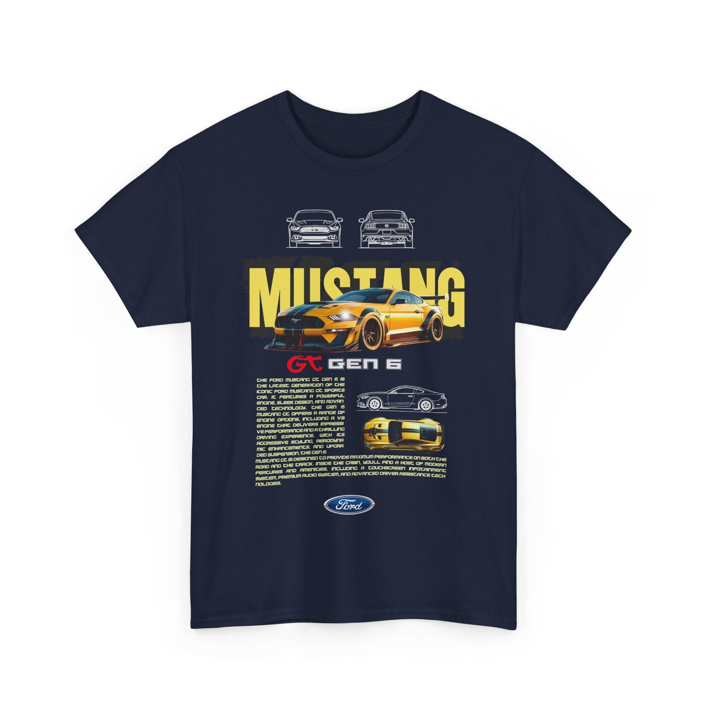 Front view of a navy men's t-shirt featuring a dynamic Ford Mustang GT Gen 6 graphic, celebrating automotive heritage and luxury.