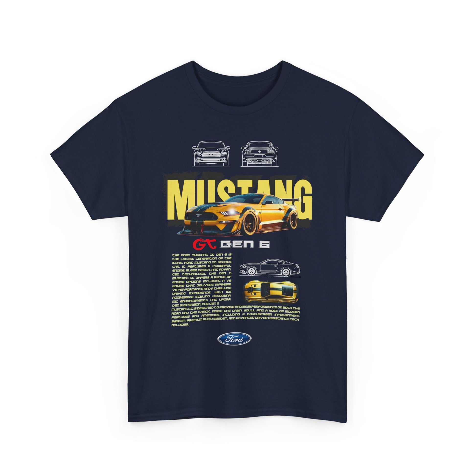 Front view of a navy men's t-shirt featuring a dynamic Ford Mustang GT Gen 6 graphic, celebrating automotive heritage and luxury.