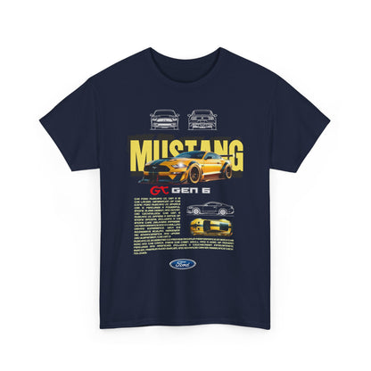 Front view of a navy men's t-shirt featuring a dynamic Ford Mustang GT Gen 6 graphic, celebrating automotive heritage and luxury.