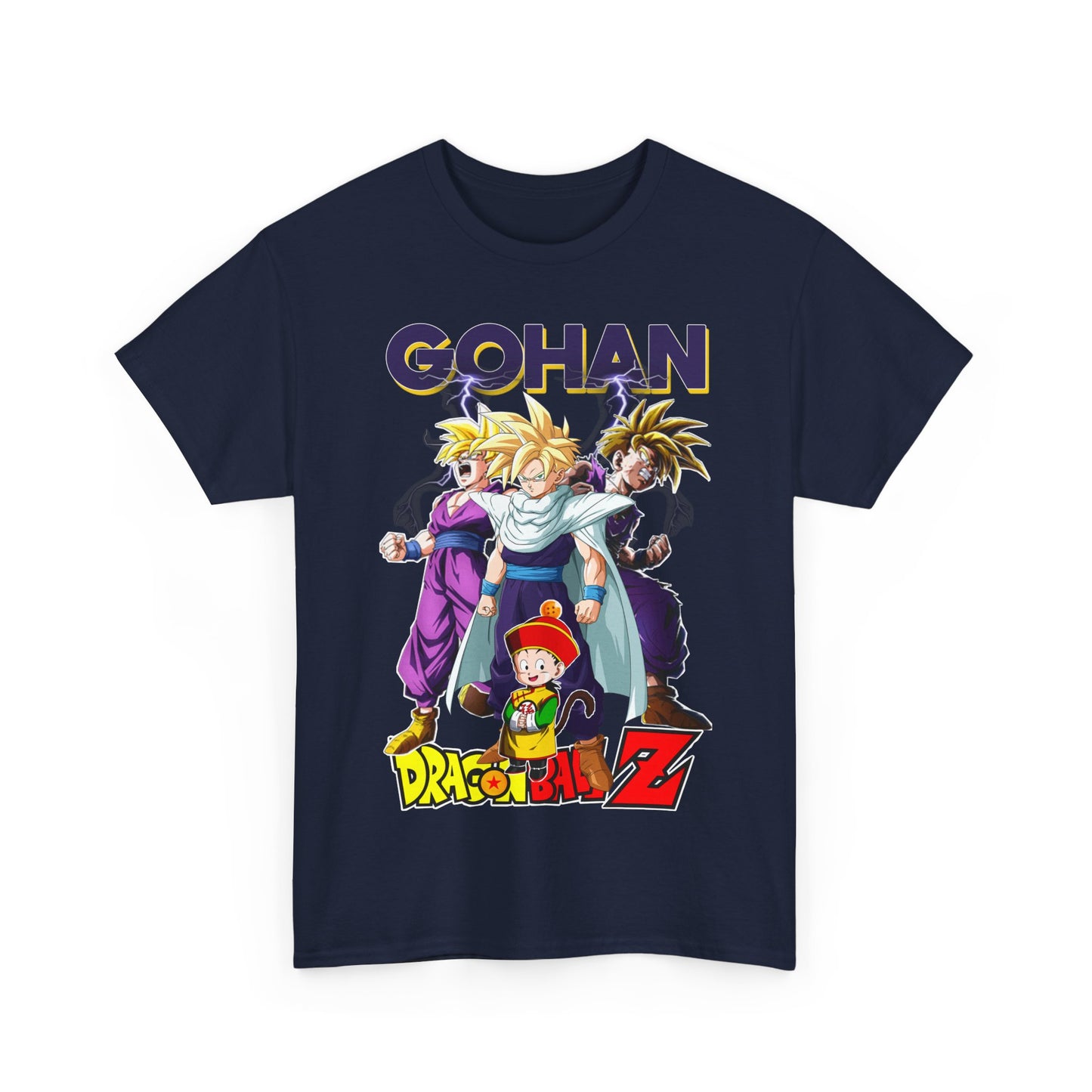 Front view of the luxury Gohan Ascends T-Shirt featuring vibrant graphics of Gohan and iconic Dragon Ball Z characters, a must-have for fans.